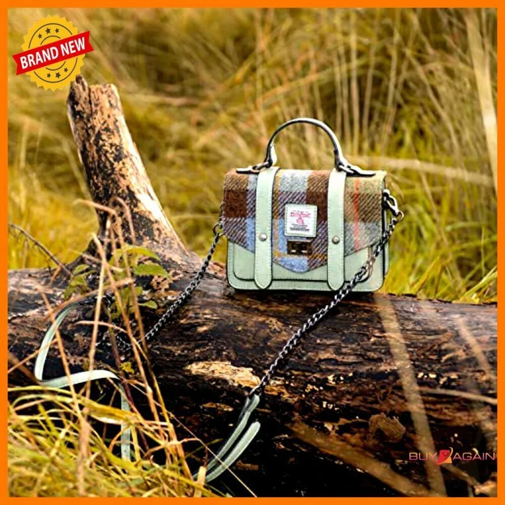 Mini Harris Tweed Satchel Shoulder Bag Vegan Leather Adjustable Strap